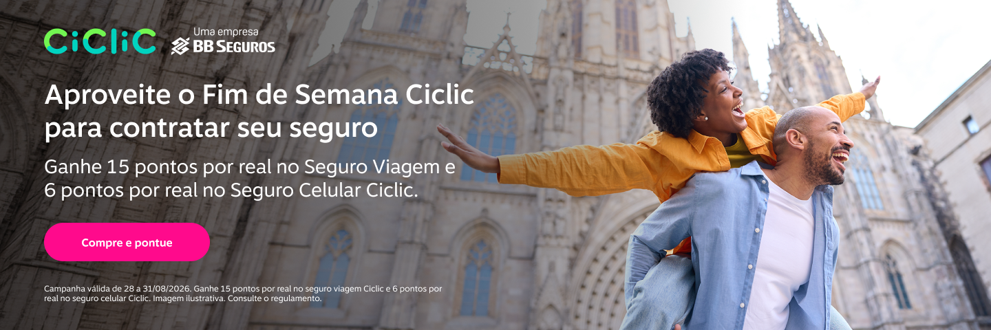 Aproveite o Fim de Semana Ciclic para contratar seu seguro. Ganhe 15 pontos por real no Seguro Viagem e 6 pontos por real no Seguro Celular Ciclic.