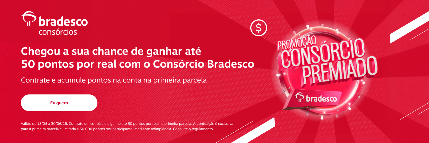 Chegou a sua chance de ganhar até 50 pontos por real com o Consórcio Bradesco. Contrate e acumule pontos na conta na primeira parcela