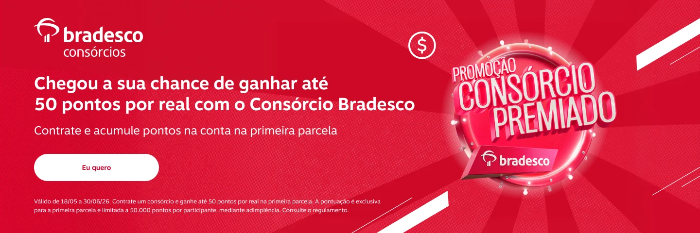 Chegou a sua chance de ganhar até 50 pontos por real com o Consórcio Bradesco. Contrate e acumule pontos na conta na primeira parcela