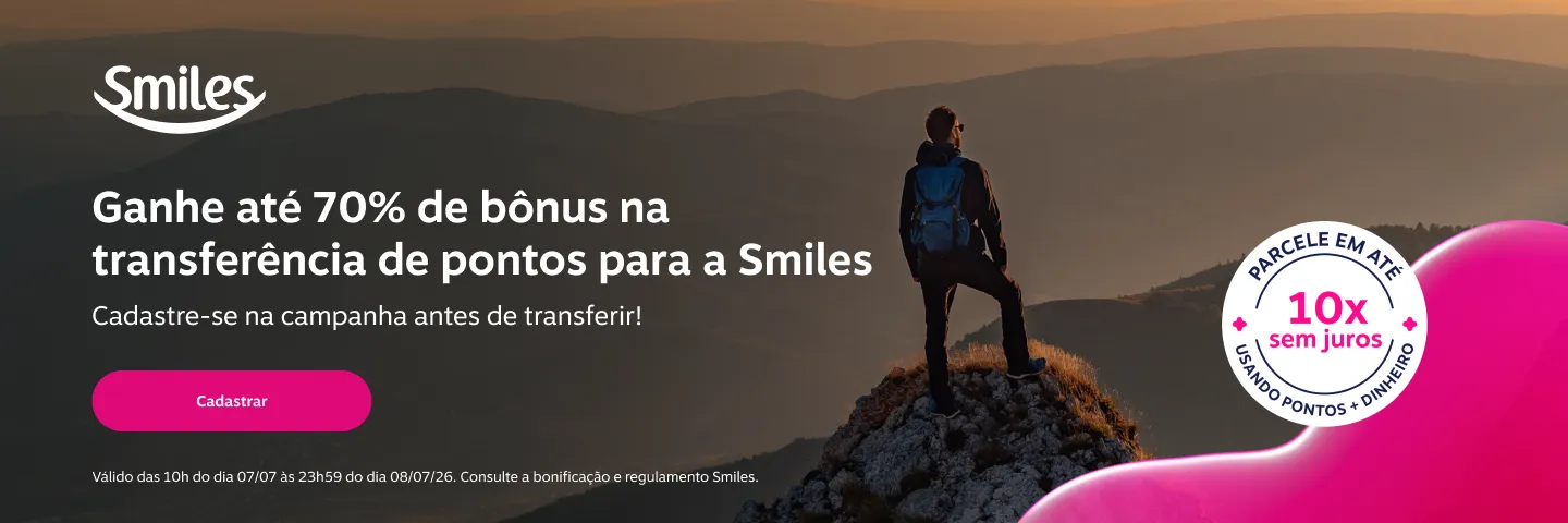 Ganhe até 70% de bônus na transferência de pontos para a Smiles. Cadastre-se na campanha antes de transferir!