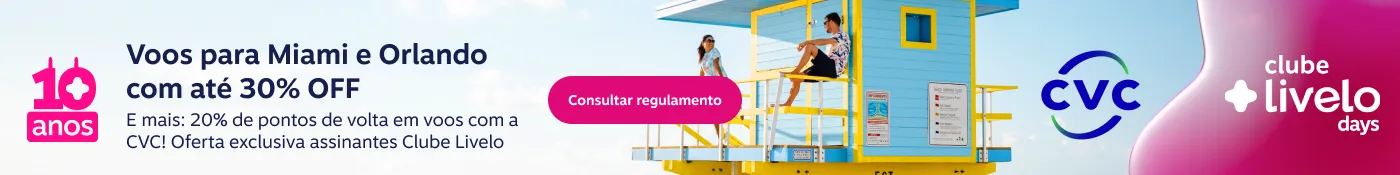 Voos para Miami e Orlando com até 30% OFF. E mais: 20% de pontos de volta em voos com a CVC! Oferta exclusiva assinantes Clube Livelo , imagem clicável, ir para https://assets.contentstack.io/v3/assets/blt2aea50371ca8d246/blt601ff97d807ee8c7/6a1c38306aa0395e46f8a752/CDC11078-Regulamento-Miami-Orlando--310526.pdf