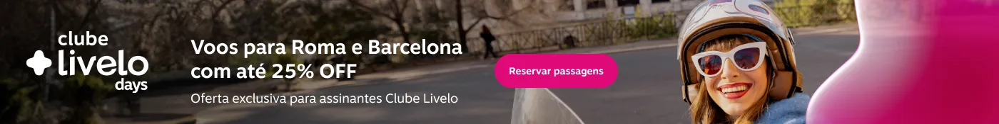 Voos para Roma e Barcelona com até 25% OFF. Oferta exclusiva para assinantes Clube Livelo, imagem clicável, ir para https://www.livelo.com.br/ofertas-passagens?destination=FCO%2CBCN&period=3-6%2C7-12%2C13-20