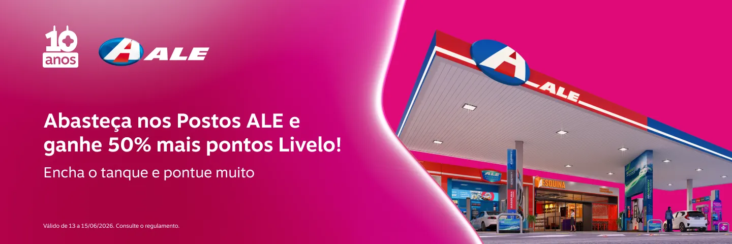 Abasteça nos Postos ALE e ganhe pontos Livelo!  Aproveite as ofertas e pontue muito  Ganhe 1 pontos a cada R$ 3 gastos em combustíveis. Pontos creditados em até 48h, acúmulo limitado a 1 vez ao dia por CPF e R$ 400.