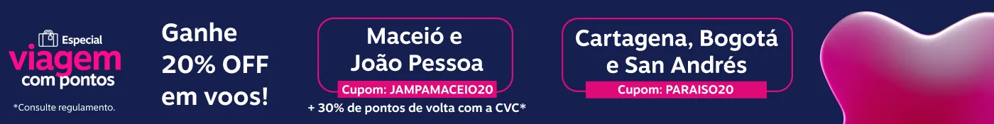Ganhe 20% OFF em passagens aéreas. Viaje para Colômbia, Maceió e João Pessoa, imagem clicável, ir para https://www.livelo.com.br/semana-da-viagem