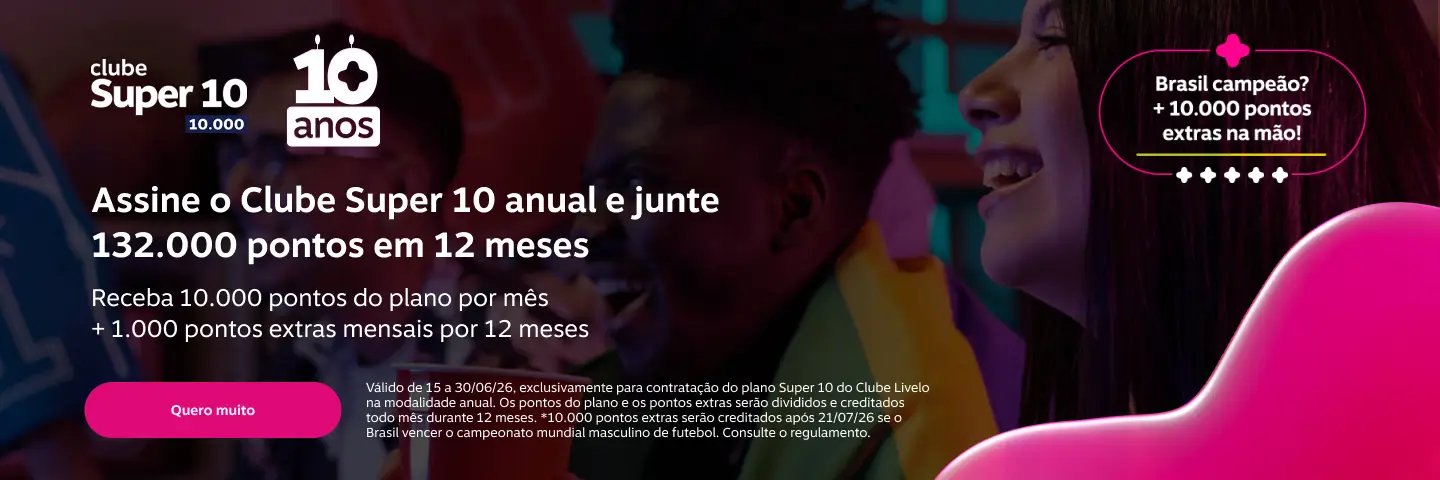 Assine o Clube Super 10 anual e junte 132.000 pontos em 12 meses. Receba 10.000 pontos do plano por mês + 1.000 pontos extras mensais por 12 meses