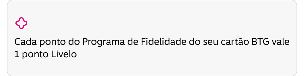 Cada ponto do Programa de Fidelidade do seu cartão BTG vale 1 ponto Livelo