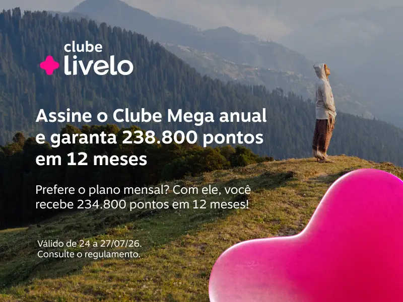 Assine o Clube Mega anual e garanta 238.800 pontos em 12 meses. No plano mensal, você recebe 234.800 pontos em 12 meses!