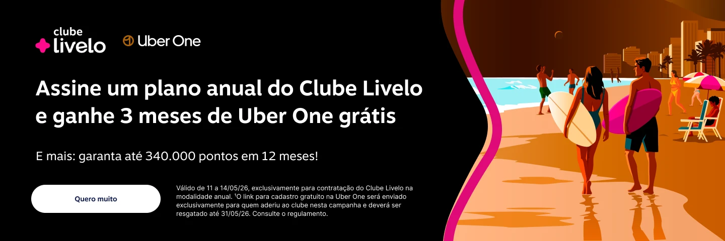 Assine um plano anual do Clube Livelo e ganhe 3 meses de Uber One grátis. E mais: garanta até 340.000 pontos em 12 meses! 