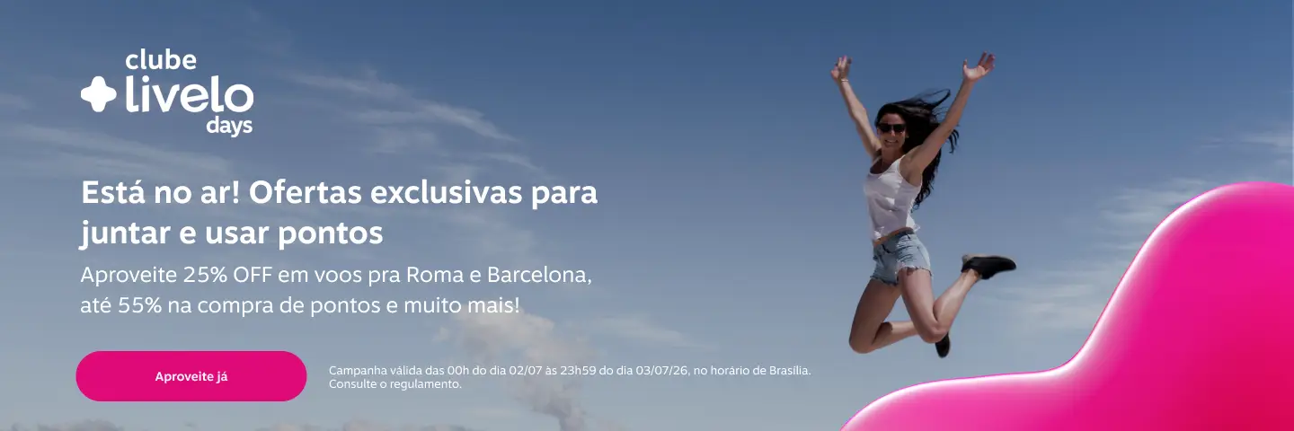 Está no ar! Ofertas exclusivas para juntar e usar pontos. Aproveite 25% OFF em voos pra Roma e Barcelona, até 55% na compra de pontos e muito mais! 