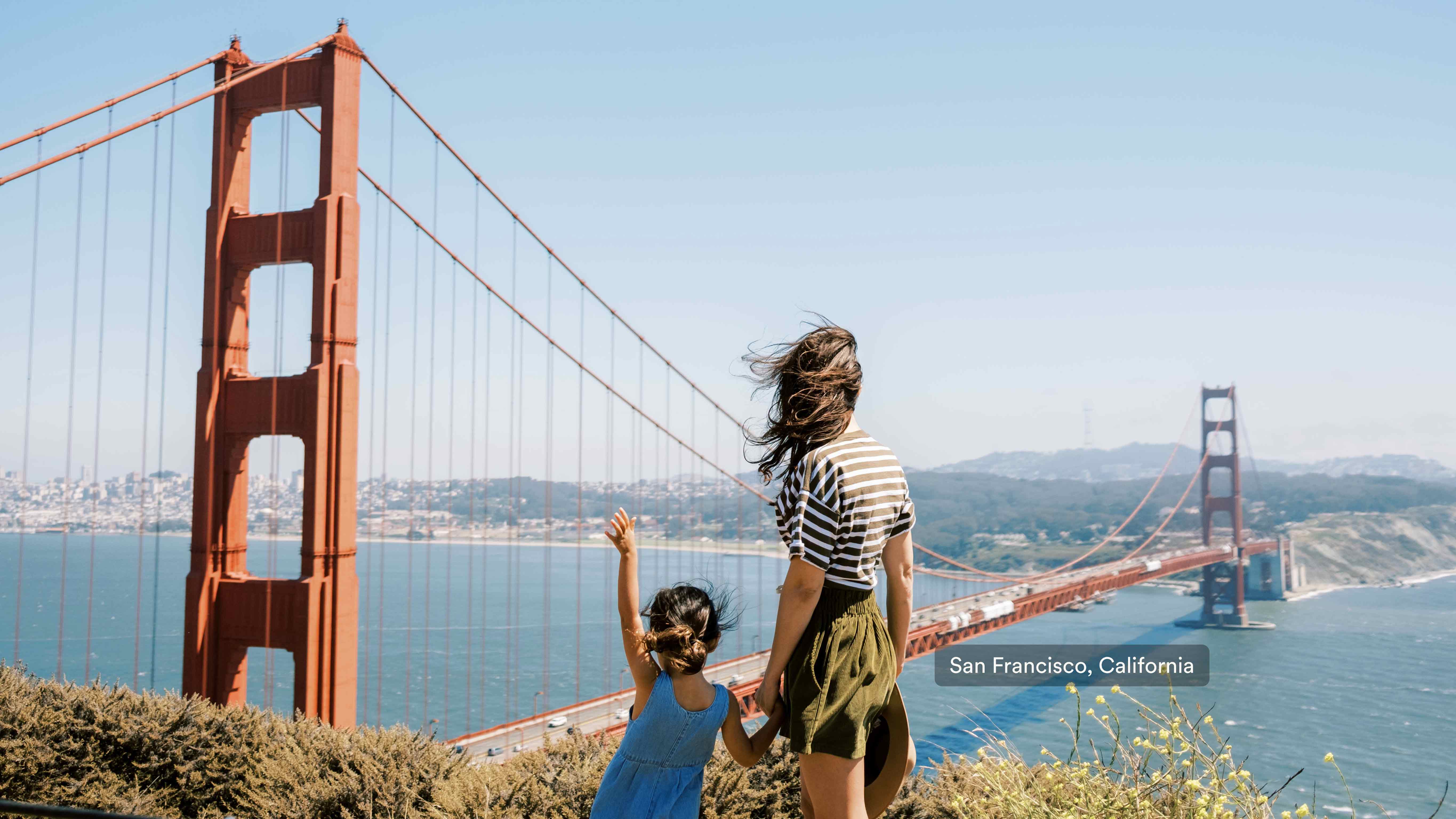 Travelers standing in front of the Golden Gate Bridge