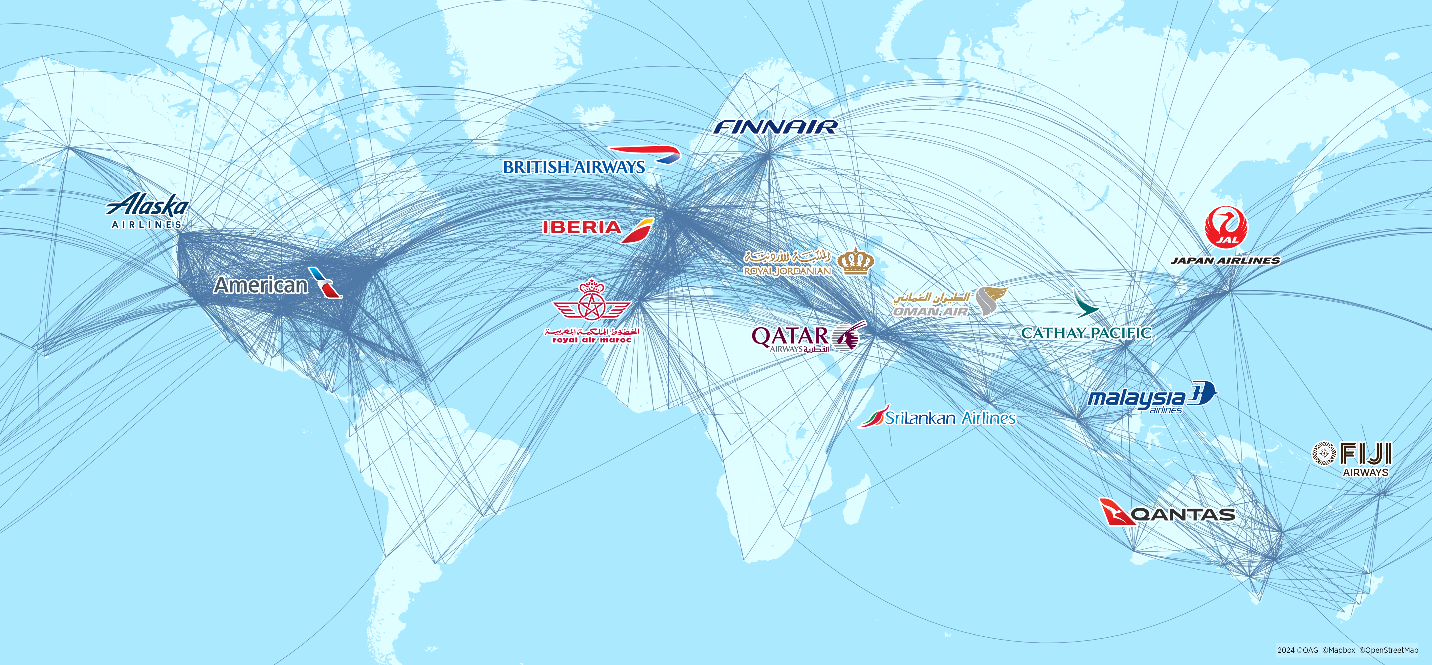 Mapa del mundo con las rutas por donde vuelan los Miembros de la Alianza oneworld.