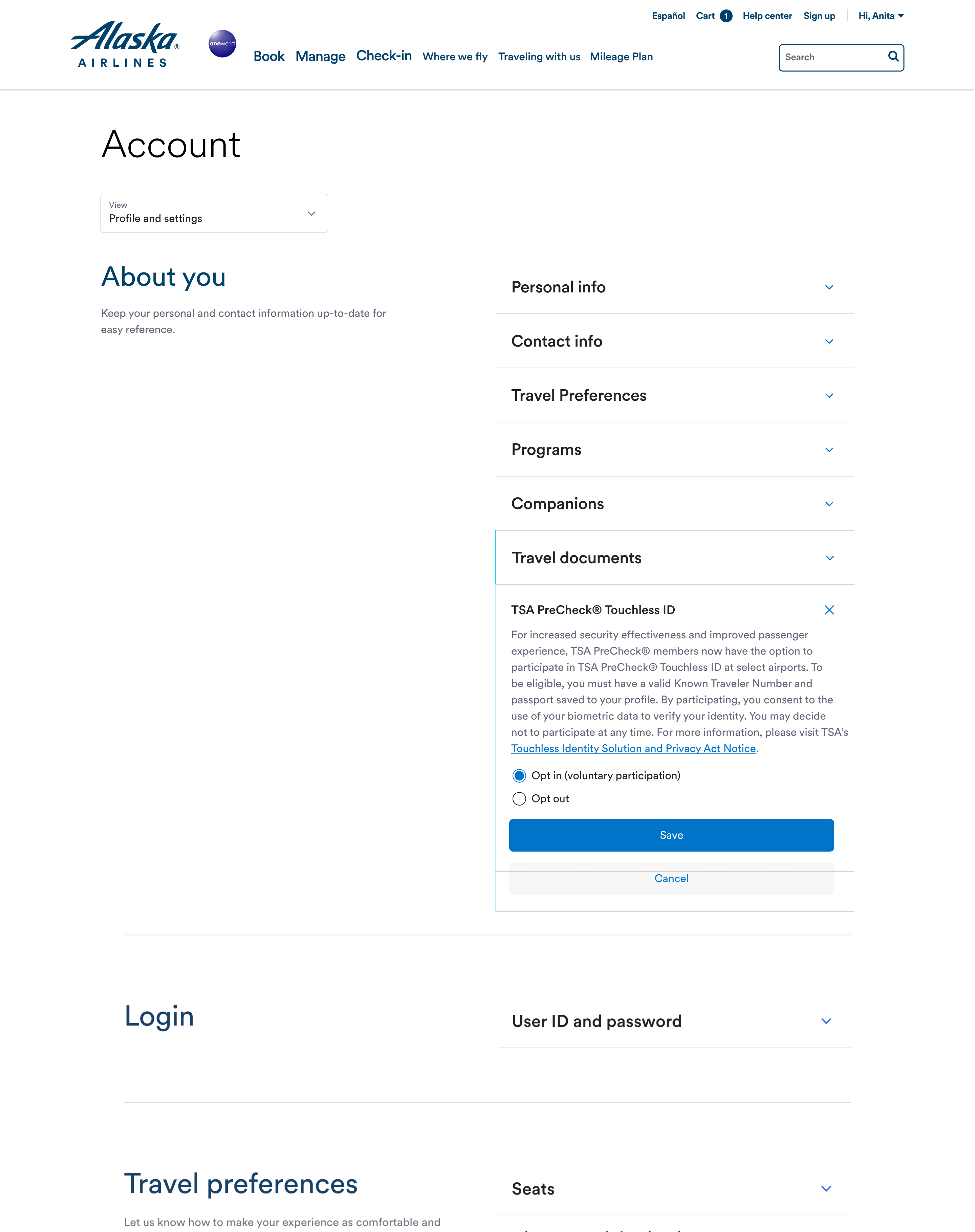 A screen capture showing the Opt in process for TSA PreCheck Touchless ID.