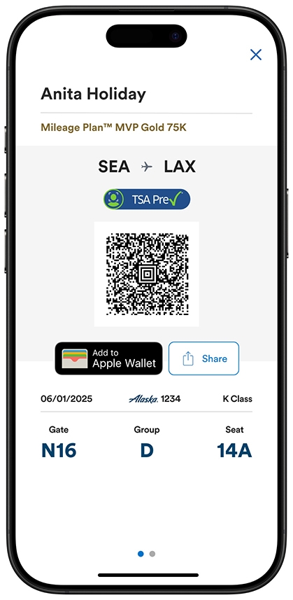 A screen capture showing the boarding pass screen