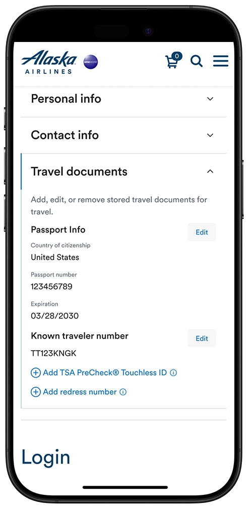 A screen capture of the Account travel documents page on the alaska airlines mobile app