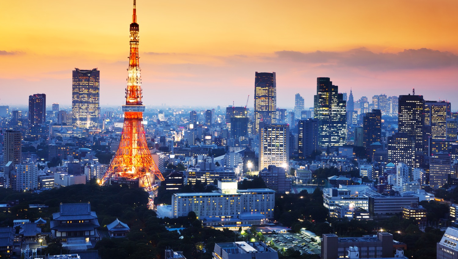 The Tokyo skyline at dusk with Tokyo Tower and Mount Fuji in the distance