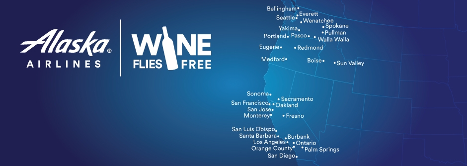Un mapa de ruta que muestra las siguientes ciudades con sus correspondientes códigos de aeropuerto que participan en el programa "Wine Flies Free": Burbank (BUR), Fresno (FAT), Los Angeles (LAX), Monterey (MRY), Oakland (OAK), Orange County (SNA), Ontario (ONT), Palm Springs (PSP), Redding (RDD), Sacramento (SMF), San Diego (SAN), San Francisco (SFO), San Jose (SJC), San Luis Obispo (SBP), Santa Barbara (SBA), Sonoma (STS), Boise (BOI), Eugene (EUG), Medford (MFR), Portland (PDX), Redmond (RDM), Bellingham (BLI), Everett (PAE), Pasco (PSC), Pullman (PUW), Seattle (SEA), Spokane (GEG), Walla Walla (ALW), Wenatchee (EAT), y Yakima (YKM).