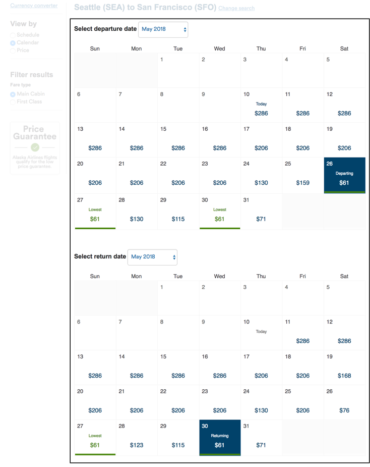 This screenshot is a non-working example of our flexible dates low fare calendar, which would open after choosing to search by flexible dates using our advanced search booking widget at https://www.alaskaair.com/planbook. (That process is outlined in the text for the image before this one.)  The screenshot shows two calendars, with the lowest fares by date: on the top, the calendar that lets you select your departure date; on the bottom, the calendar that lets you choose your return date. On each calendar, every date lists the lowest priced flight available for that day, between the cities chosen earlier.  Once you’d decided the best dates and prices for your needs, you would select your preferred date of departure on the top calendar, and your preferred date of return on the bottom calendar, then select the “Continue” button at the bottom. This would take you to the next page in the purchase process, where you would choose your flights from the flights available.