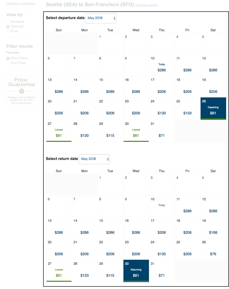 Flexible dates search low fare calendar Alaska Airlines