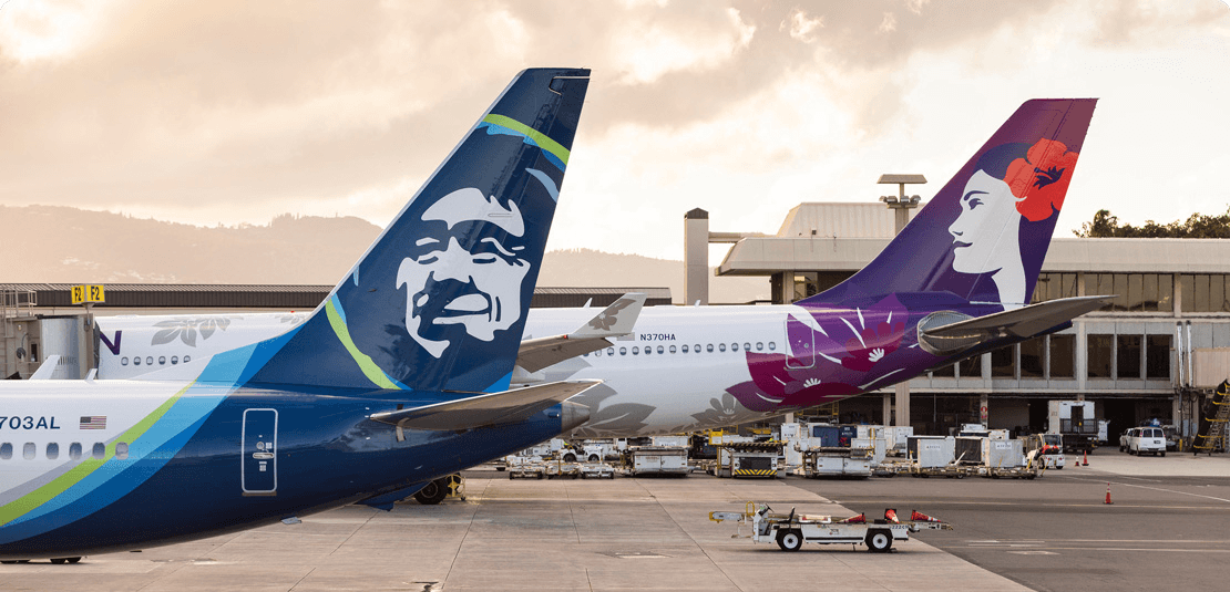 Hawaiian Airlines and Alaska Airlines tails