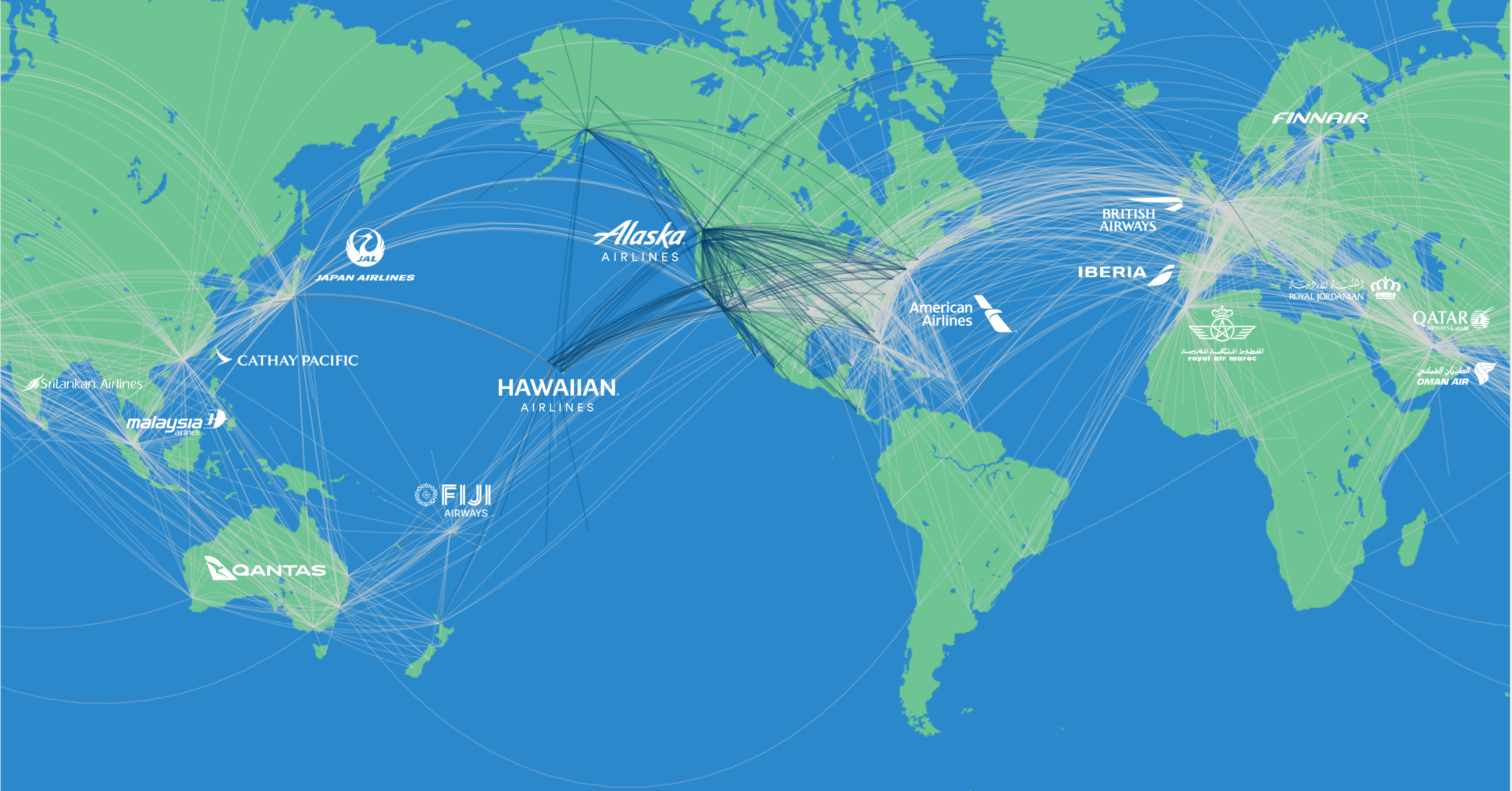 Mapa del mundo con las rutas por donde vuelan los Miembros de la Alianza oneworld.