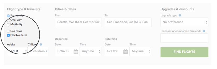 This screenshot is a non-working example of our advanced search booking widget, which can be found at https://www.alaskaair.com/planbook.  In the screenshot, the location of the checkbox for choosing to search by flexible dates is highlighted, to help you more easily use the actual booking widget. This checkbox is located on the left side of the booking widget, in the “Flight type & travelers” section.  It shows that there are 3 radio button options – “Round-trip”, “One-way”, and “Multi-city” – followed by two checkbox options – “Use miles” and “Flexible dates”, which is selected in this screenshot.   The screenshot shows that once you’d select the Flexible dates checkbox, you would fill in the rest of the booking widget fields within the “Cities and dates”, and “Upgrades and discounts” sections, and then select the “Find flights” button to continue. This would open to a new window, the flexible dates low fare calendar.