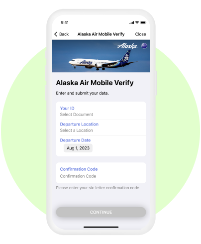 Alaska Airlines mobile verify screen for international travel for creating an ID.
