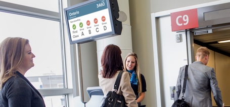 A picture of passengers going through a boarding gate with a GID screen above them.  