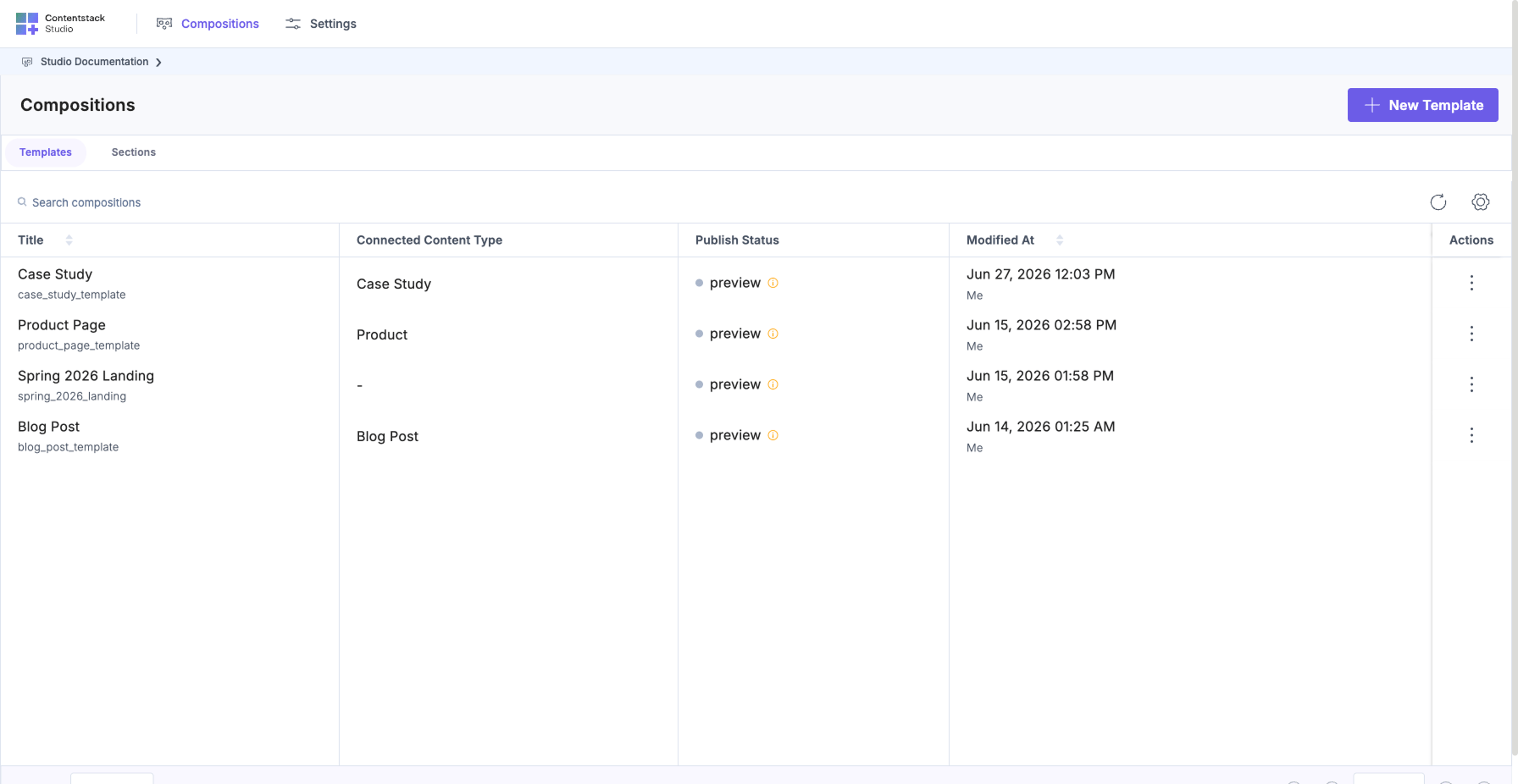 Studio Compositions list: Templates tab of a real project showing four Templates authors can open and edit: Case Study, Product Page, Spring 2026 Landing, Blog Post. Pick any Template to open its composition canvas.