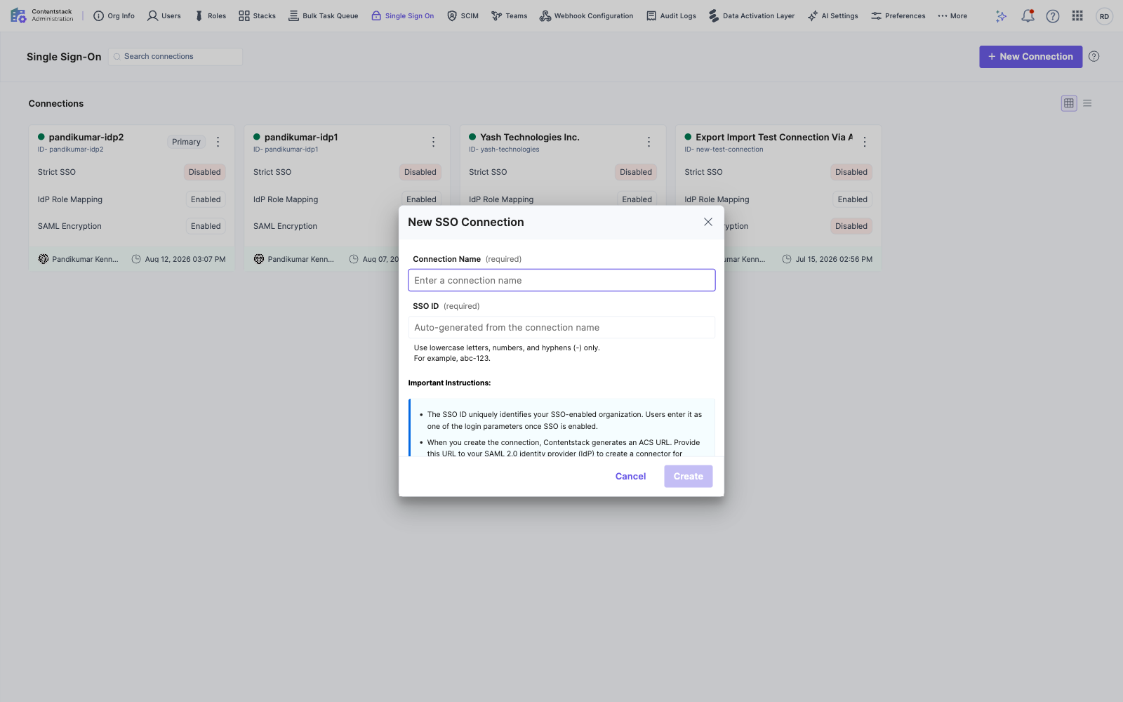 The New Connection dialog with Connection Name and SSO ID fields