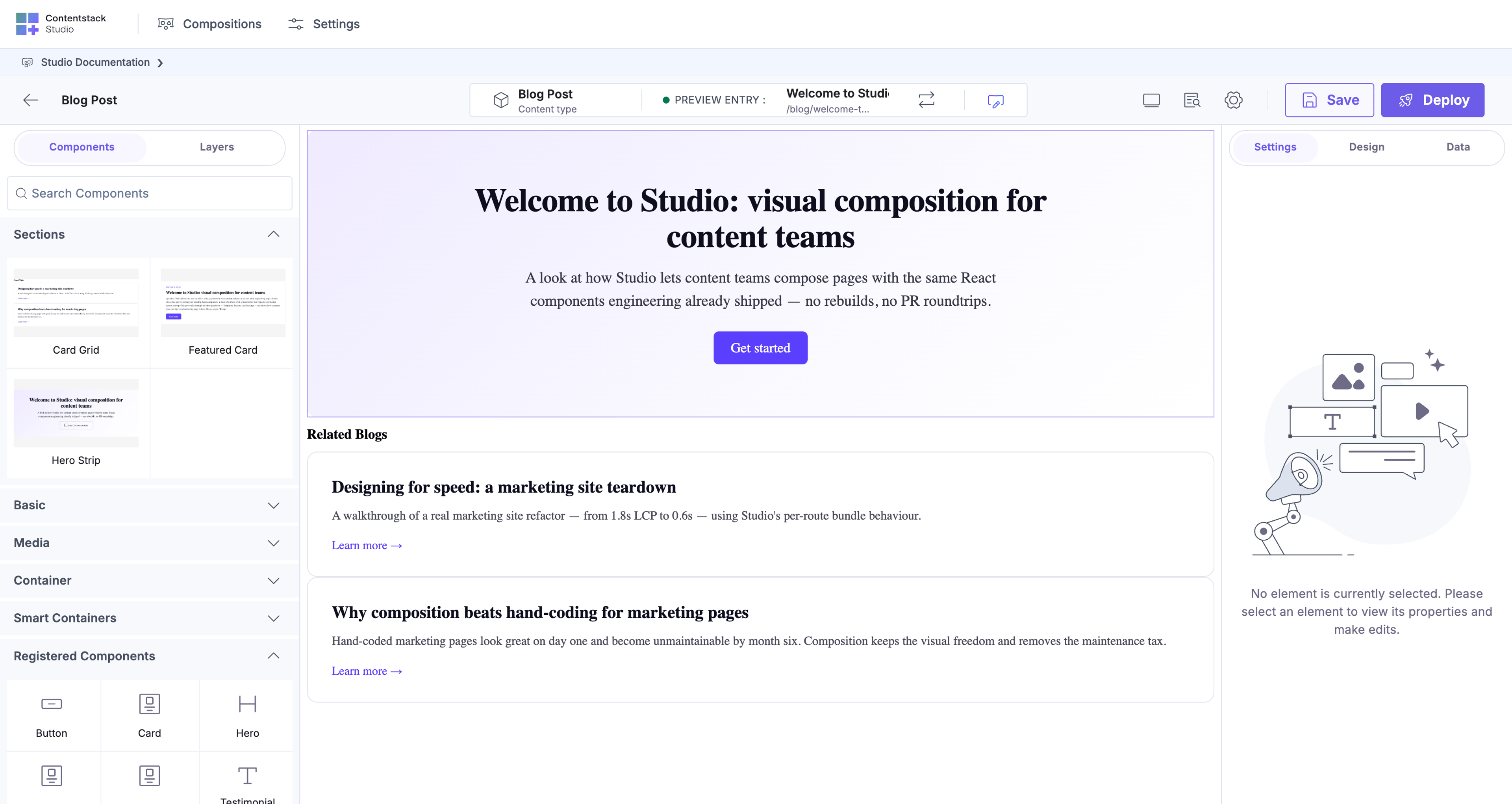 Blog Post Connected template canvas (wide view): Hero Strip section at top with "Welcome to Studio: visual composition for content teams" headline and "Get started" CTA button; Card Grid section below shows "Related Blogs" heading with two article cards. Sections and Registered Components shown in left panel; top bar shows the Blog Post content type chip and PREVIEW ENTRY control.
