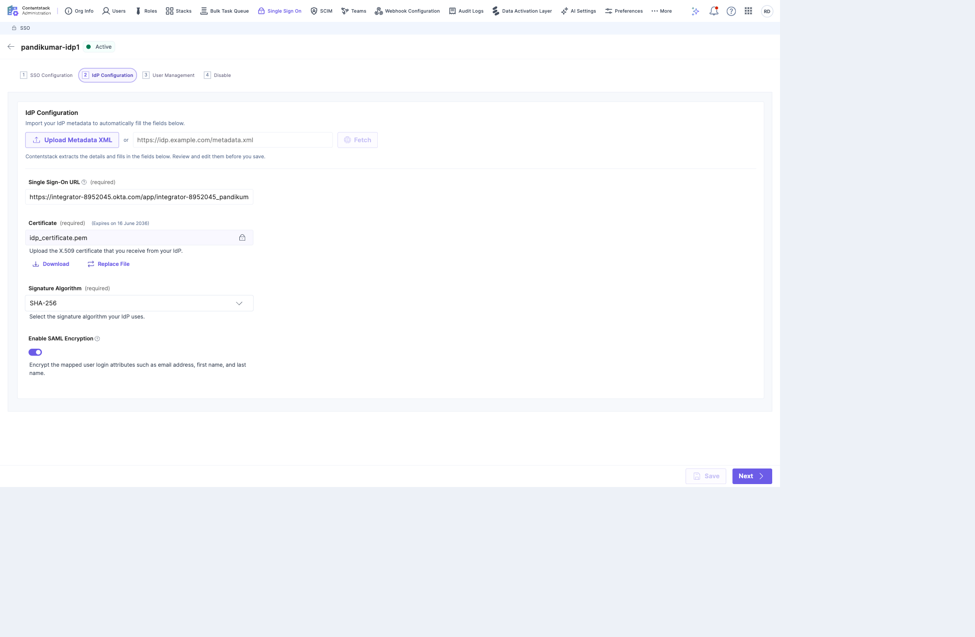 The IdP Configuration step with the Single Sign-On URL, Certificate, and Signature Algorithm fields
