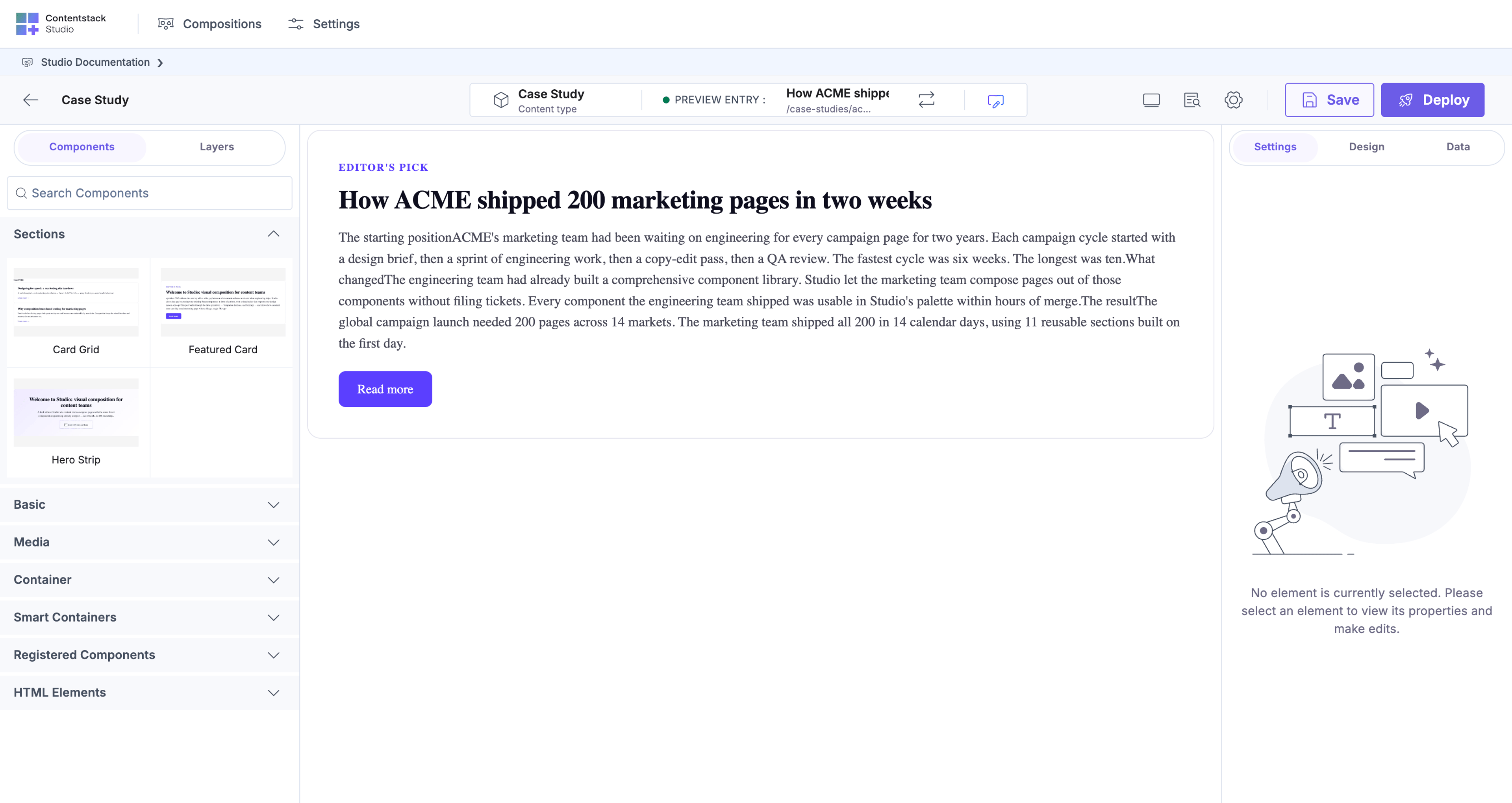 Case Study template canvas — preview entry "How ACME shipped 200 marketing pages in two weeks", URL pattern /case-studies/acme-200-pages. Featured Card section auto-bound to entry.headline + entry.body + entry.cta with Editor's Pick eyebrow.