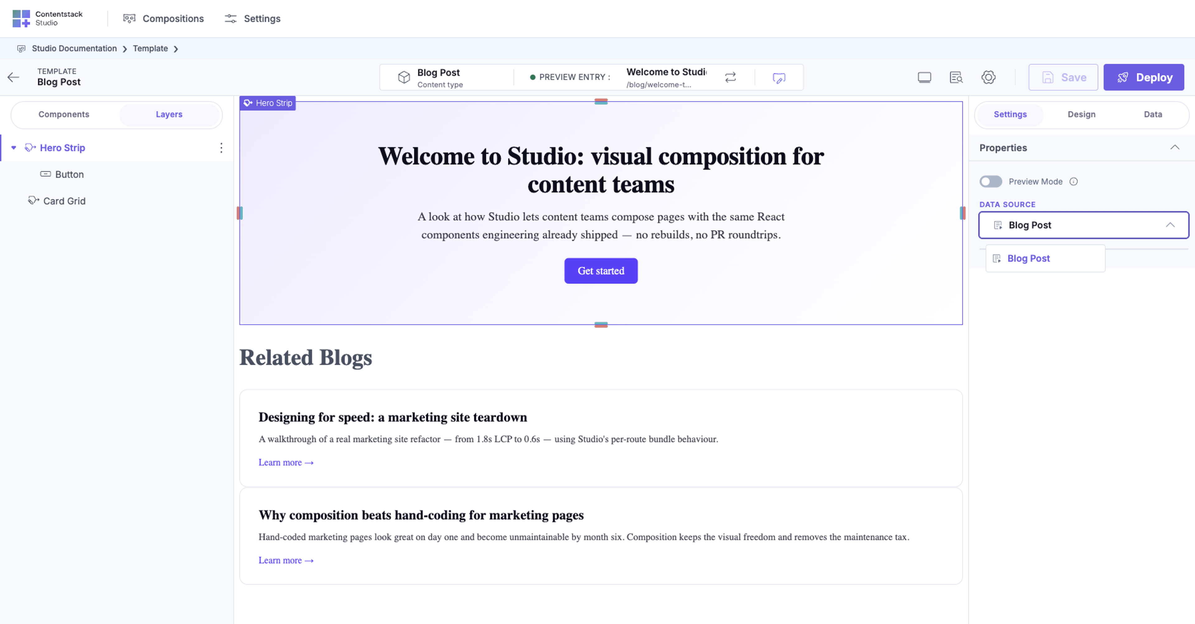 Section selected on a template canvas — right-panel Settings → Properties shows the DATA SOURCE dropdown listing the matching field(s) on the template's content type. The same dropdown appears for one-match and multi-match cases; the menu just lists more options when multiple fields match.