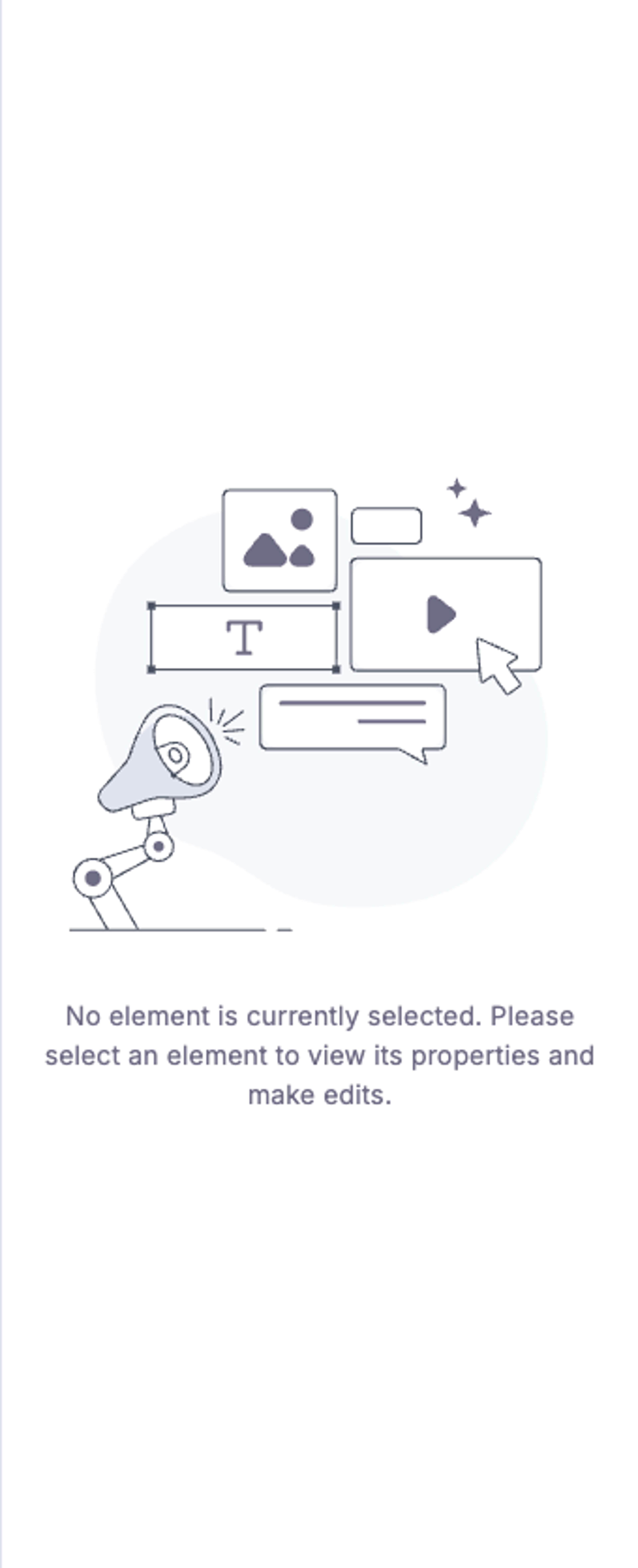 Studio canvas right panel with no tab strip at the top, only the empty-state placeholder illustration and the message "No element is currently selected. Select an element to view its properties and make edits." With Freeform disabled, the Design and Data tabs are removed entirely. The panel effectively is the Settings surface only.