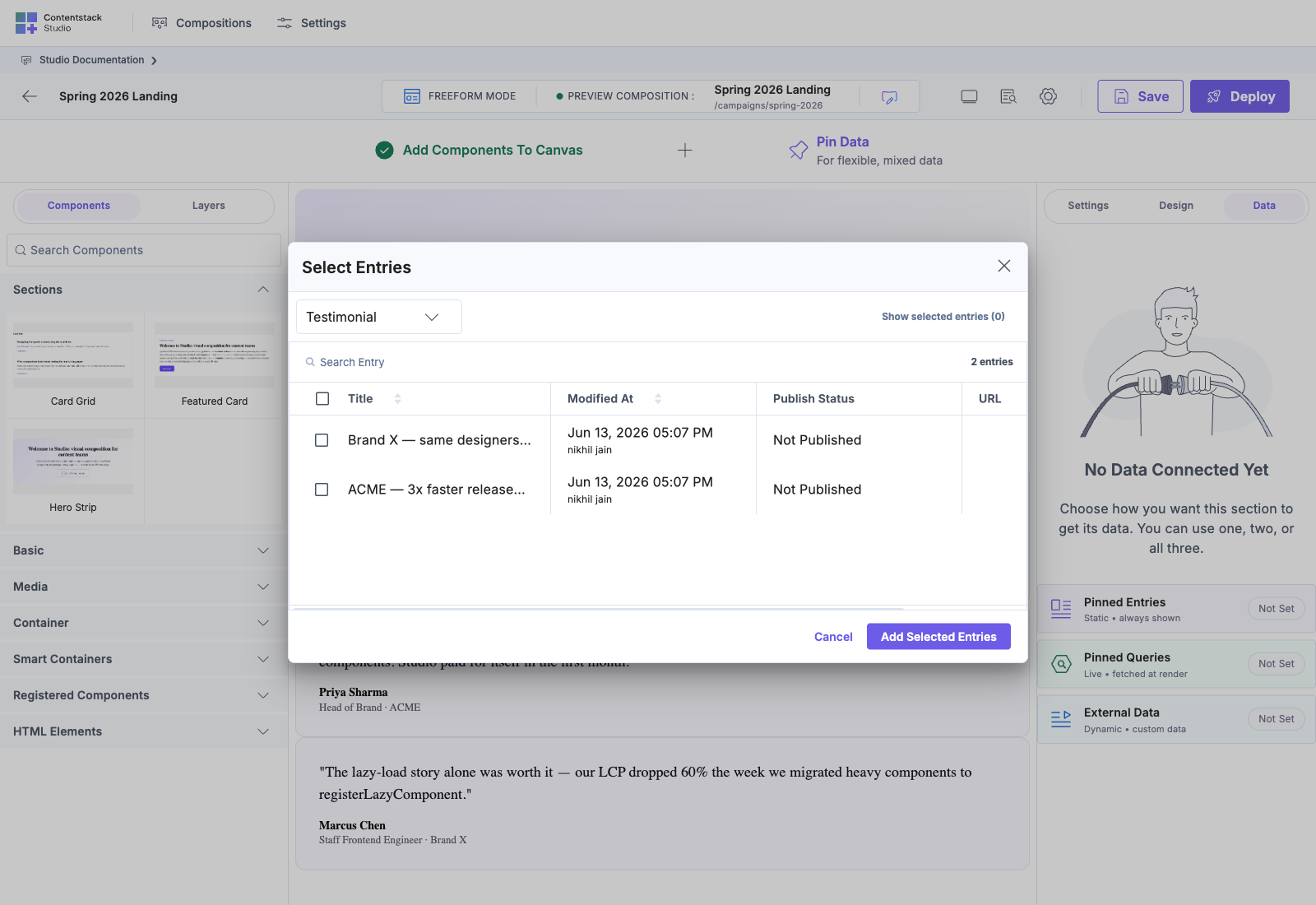 Pinned Entries list with the linked campaign entry available as a binding source