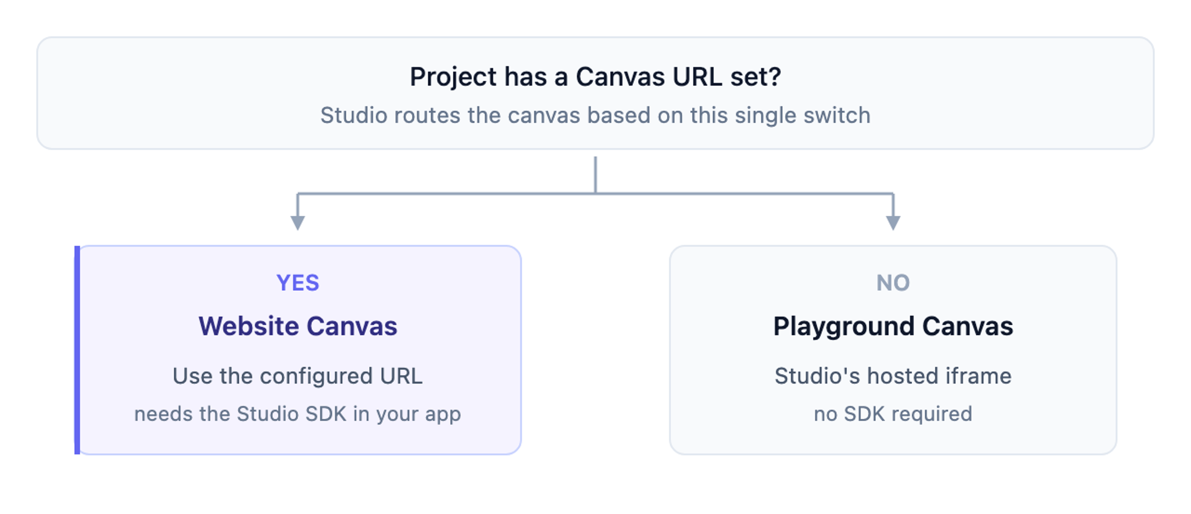 Decision. Canvas URL set: Website Canvas (needs the Studio SDK). Not set: Playground Canvas (Studio