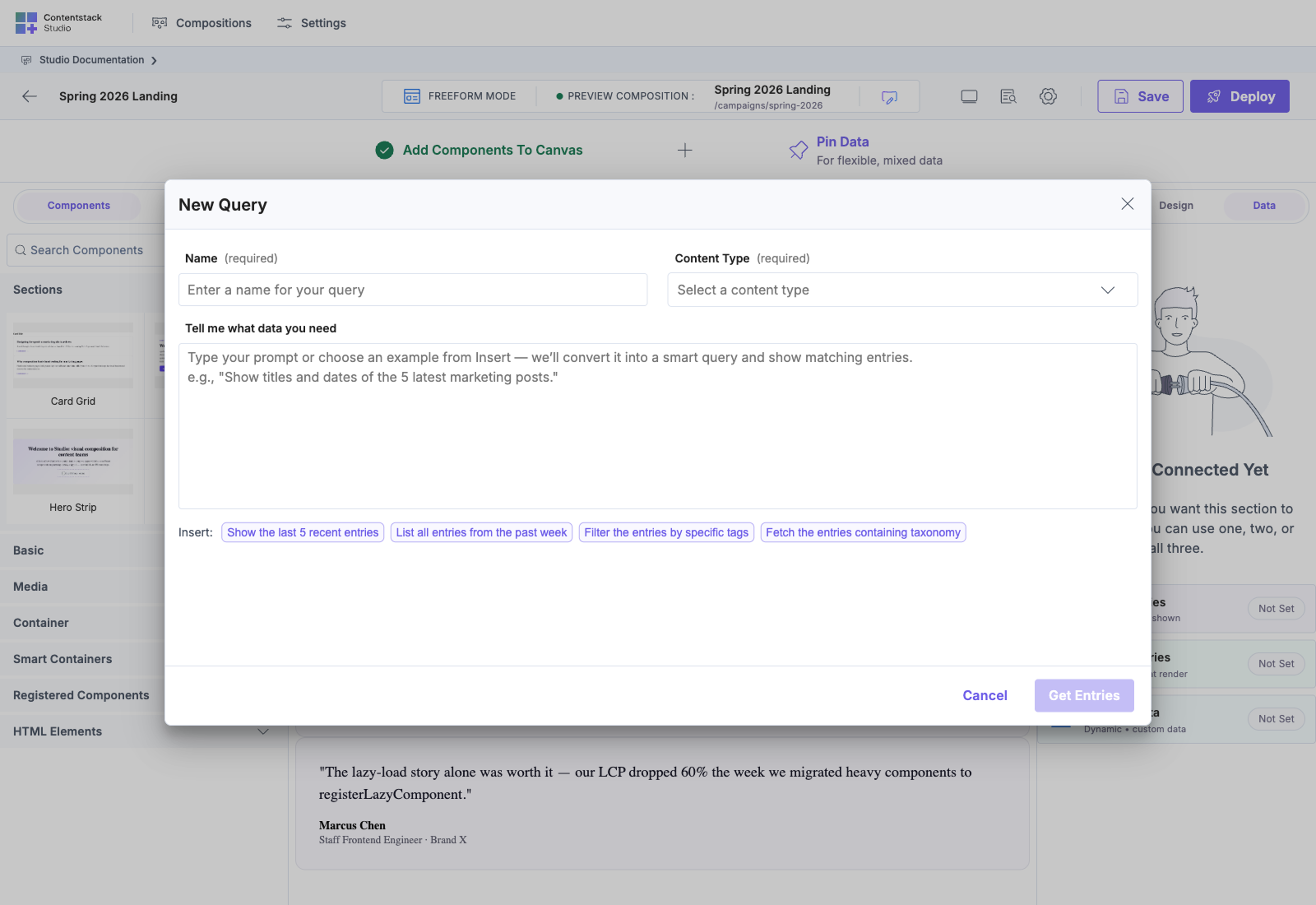 New Query modal — Name + Content Type required fields at the top, large text-prompt area in the middle (with examples), Insert quick-prompts row at the bottom.