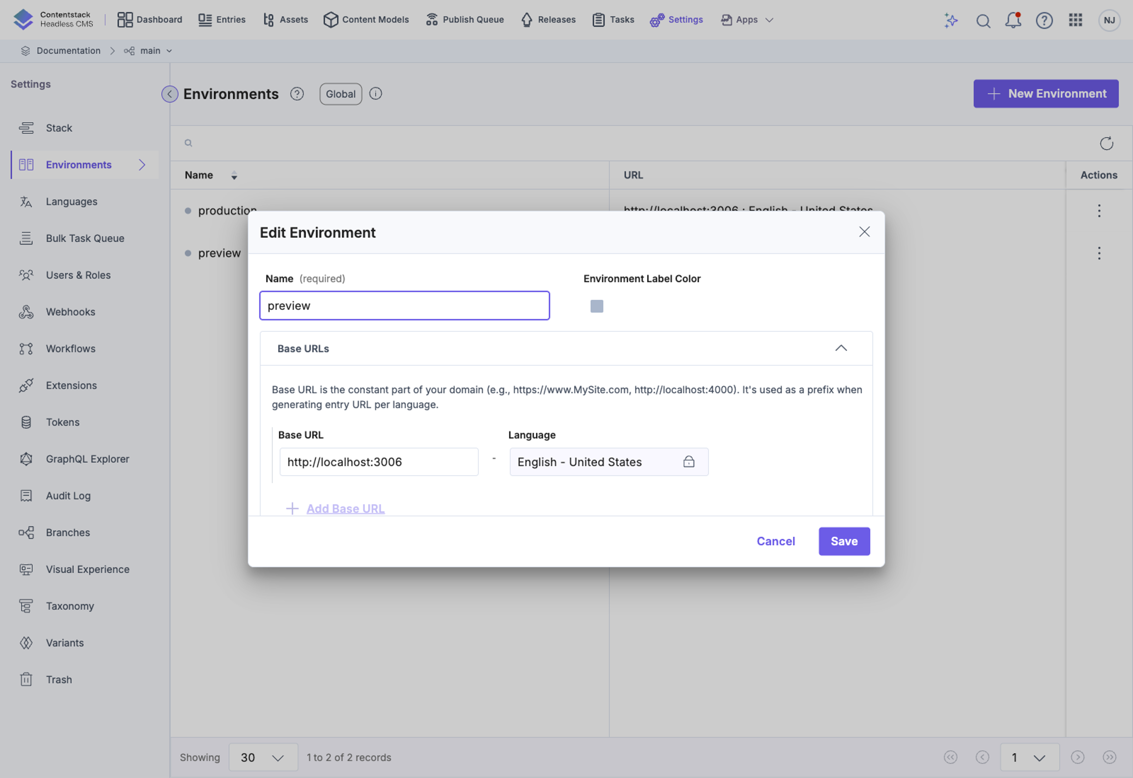 Environment edit modal: base URLs per locale