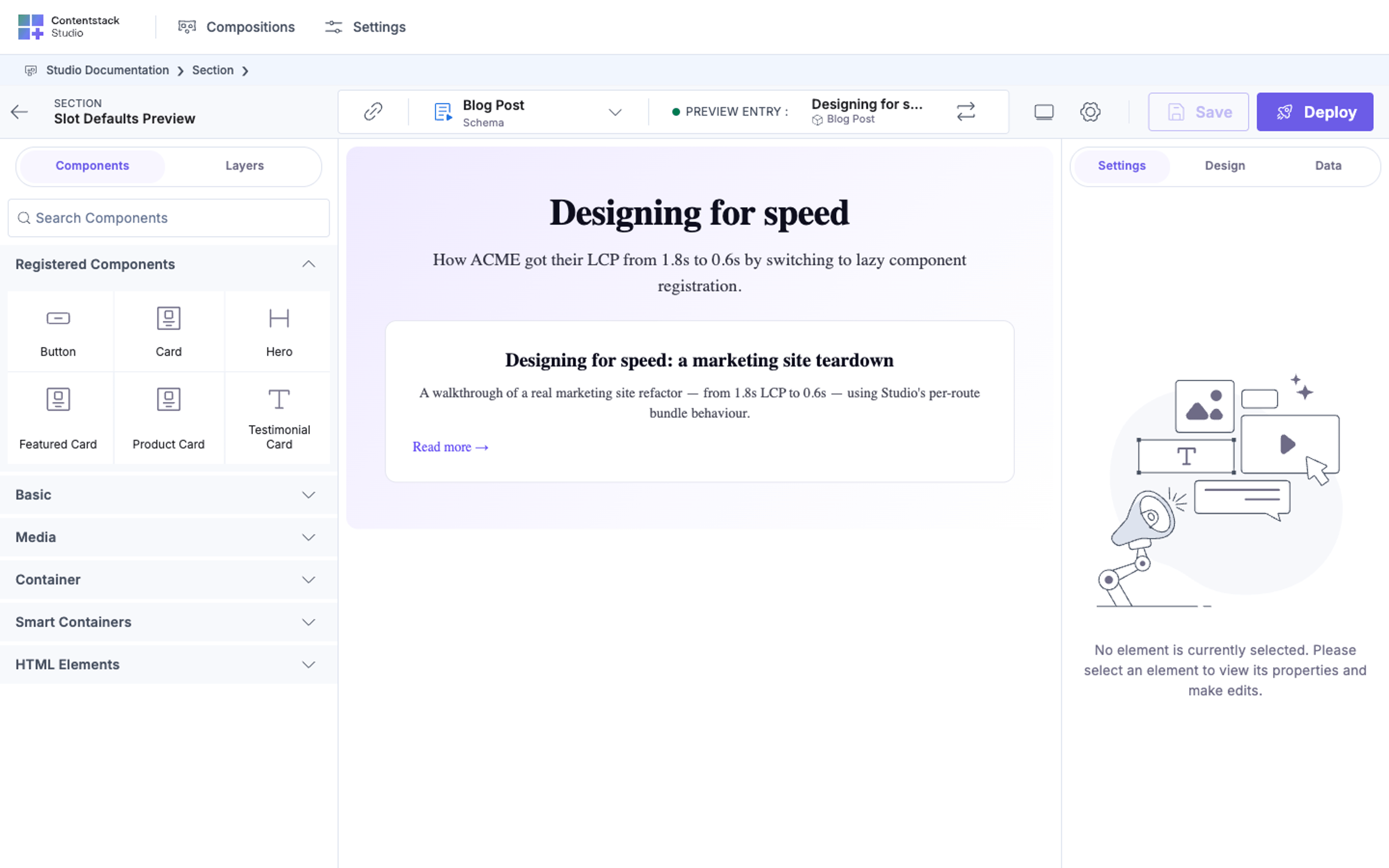 The same placement in preview mode: where the drop zone was, the slot now renders the Featured Card section, a card titled "Designing for speed: a marketing site teardown" with an excerpt and a "Read more" link.