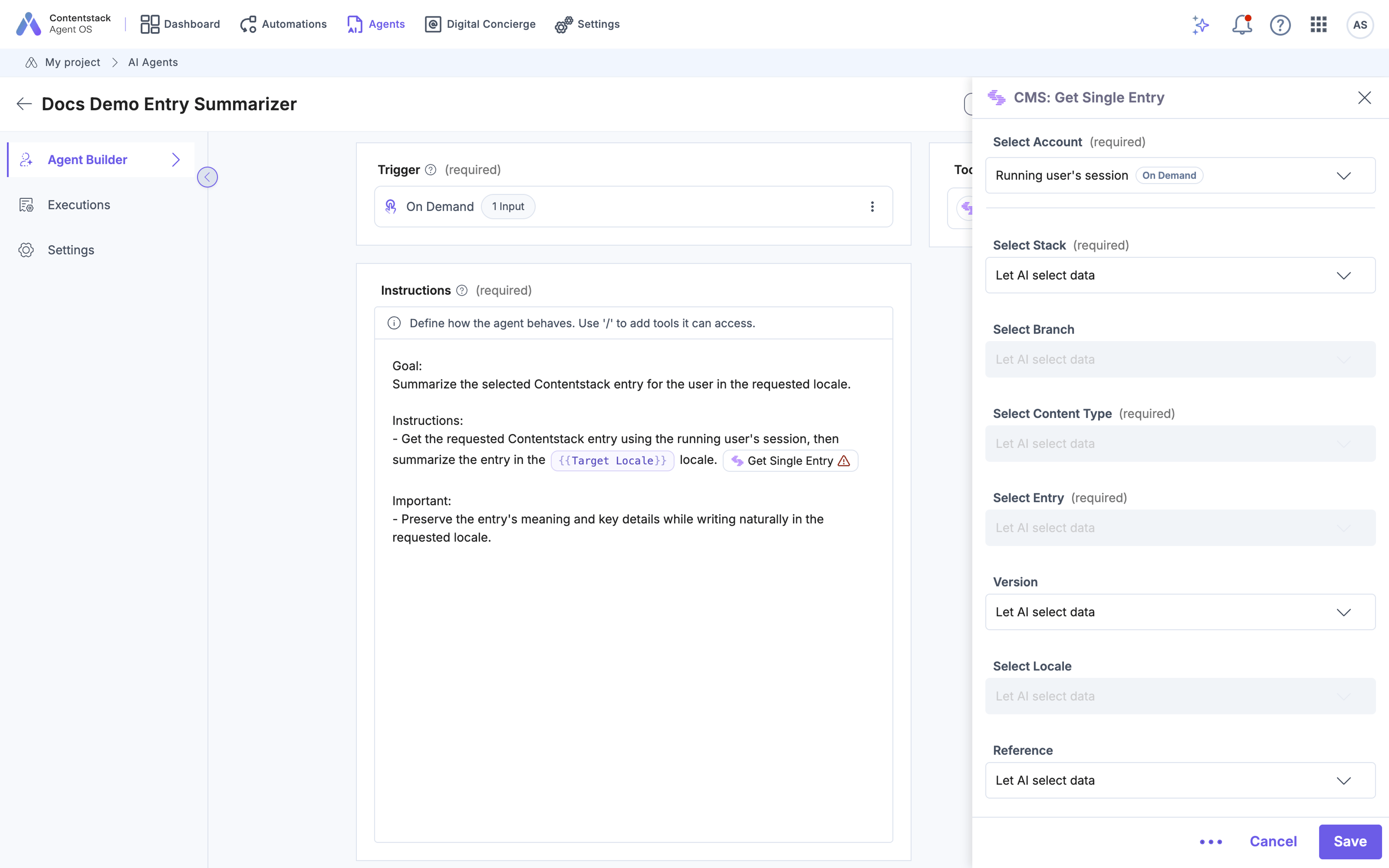 The Get Single Entry tool with Select Account set to Running user's session and each field's fill mode