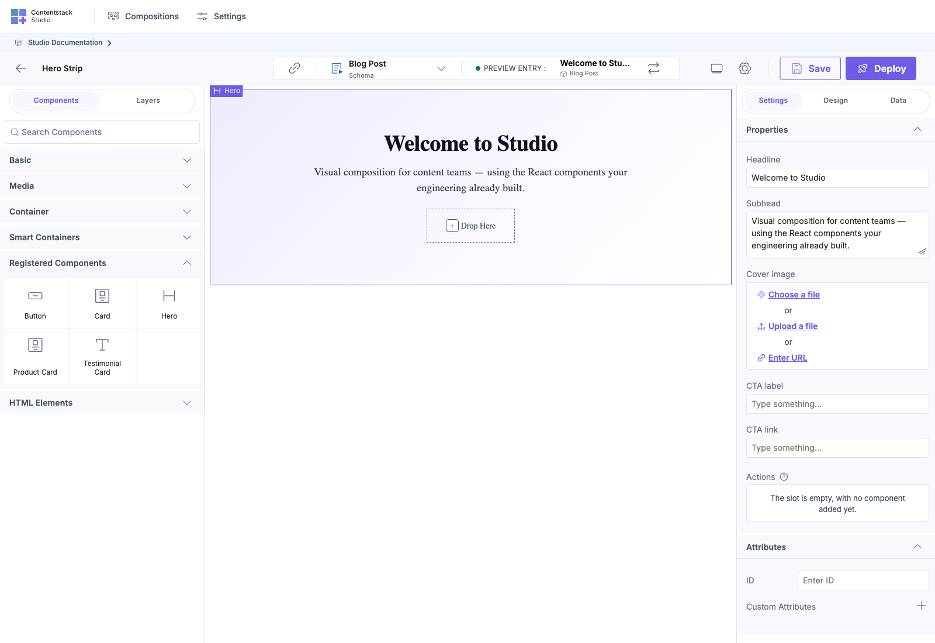 Hero Strip section canvas with Hero component selected: right panel Properties shows Headline, Subhead, Cover image, CTA label, CTA link fields, and an Actions slot prop showing "The slot is empty, with no component added yet."