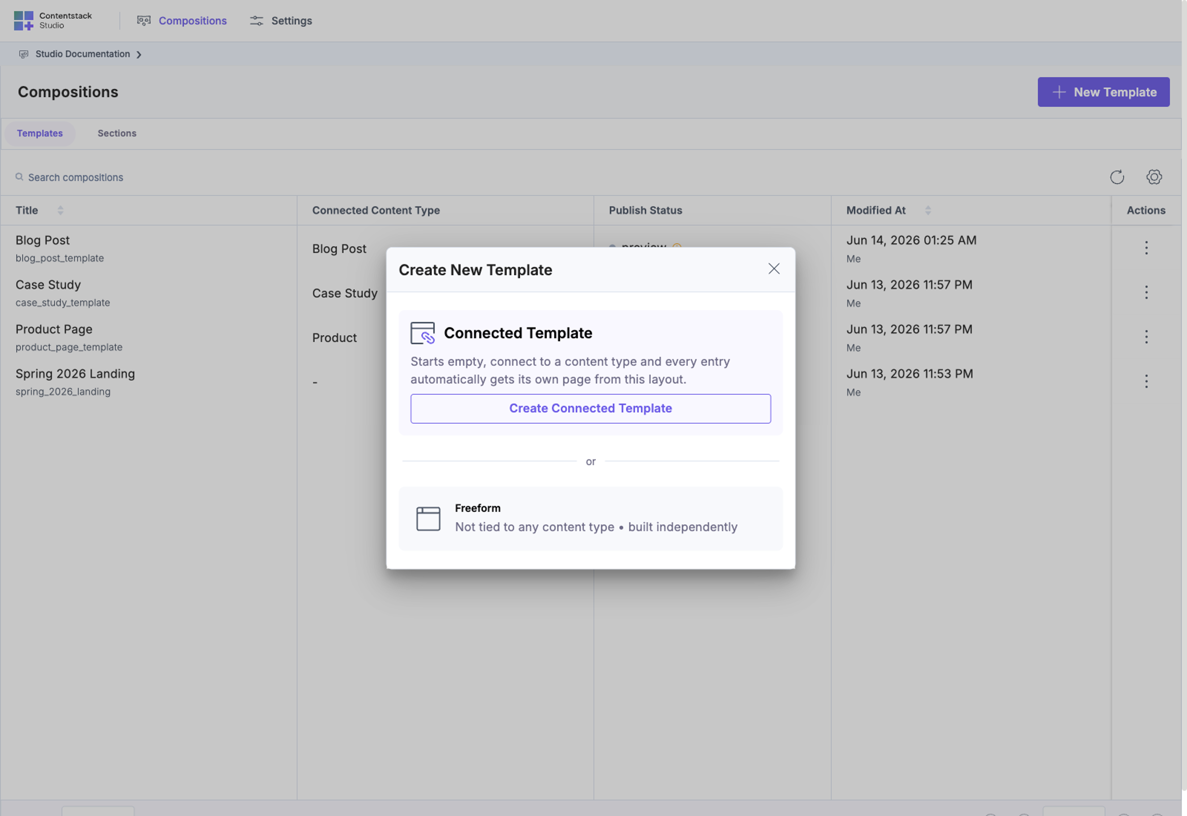 Template creation modal with content type connection, URL pattern, and preview entry fields — the inputs that wire a template to real stack data