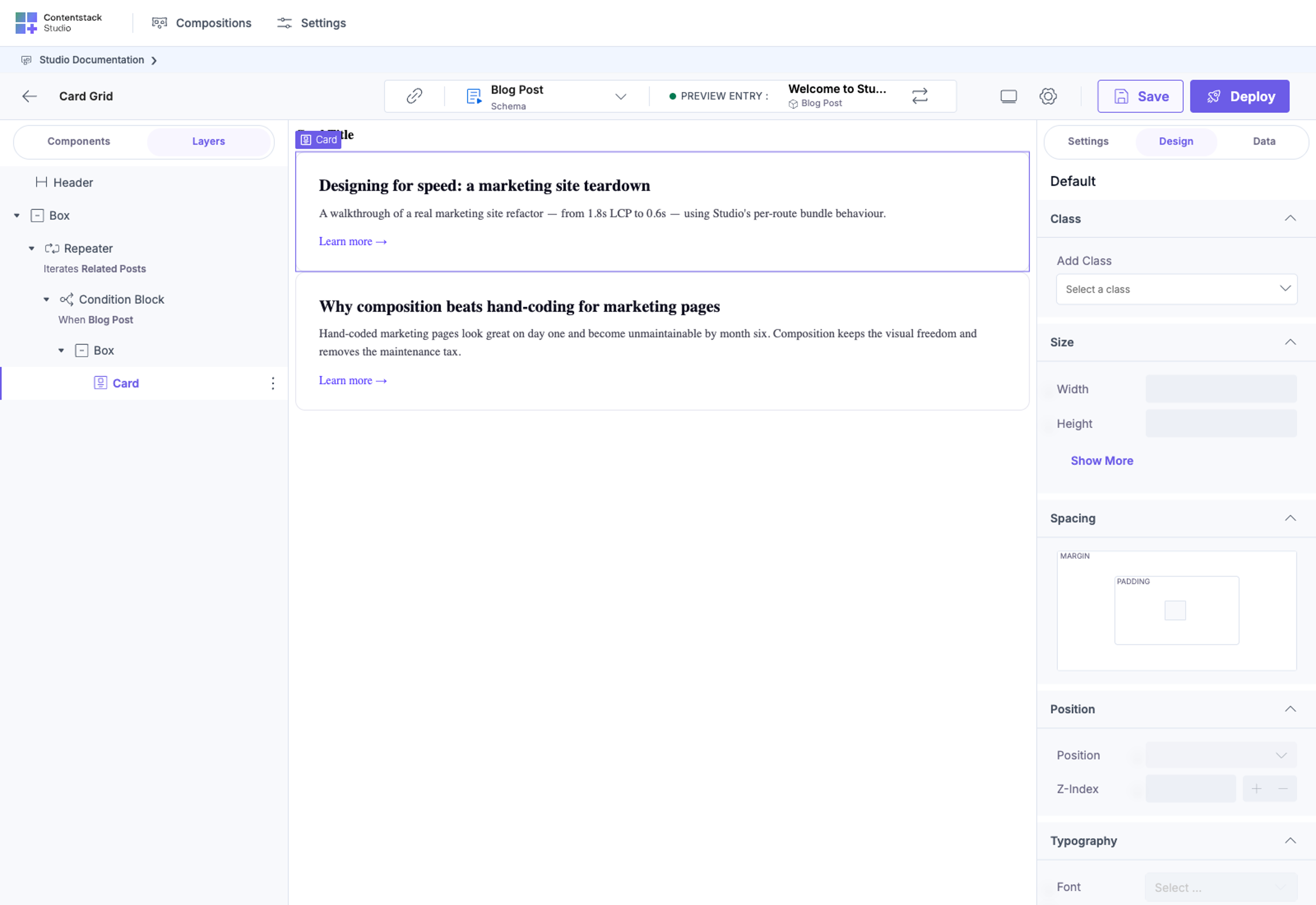 Design tab open with a Card component selected. Sections visible: Class (Add Class dropdown), Size (Width / Height with Show More), Spacing (visual margin + padding box editor), Position (Position + Z-Index), Typography (Font dropdown).