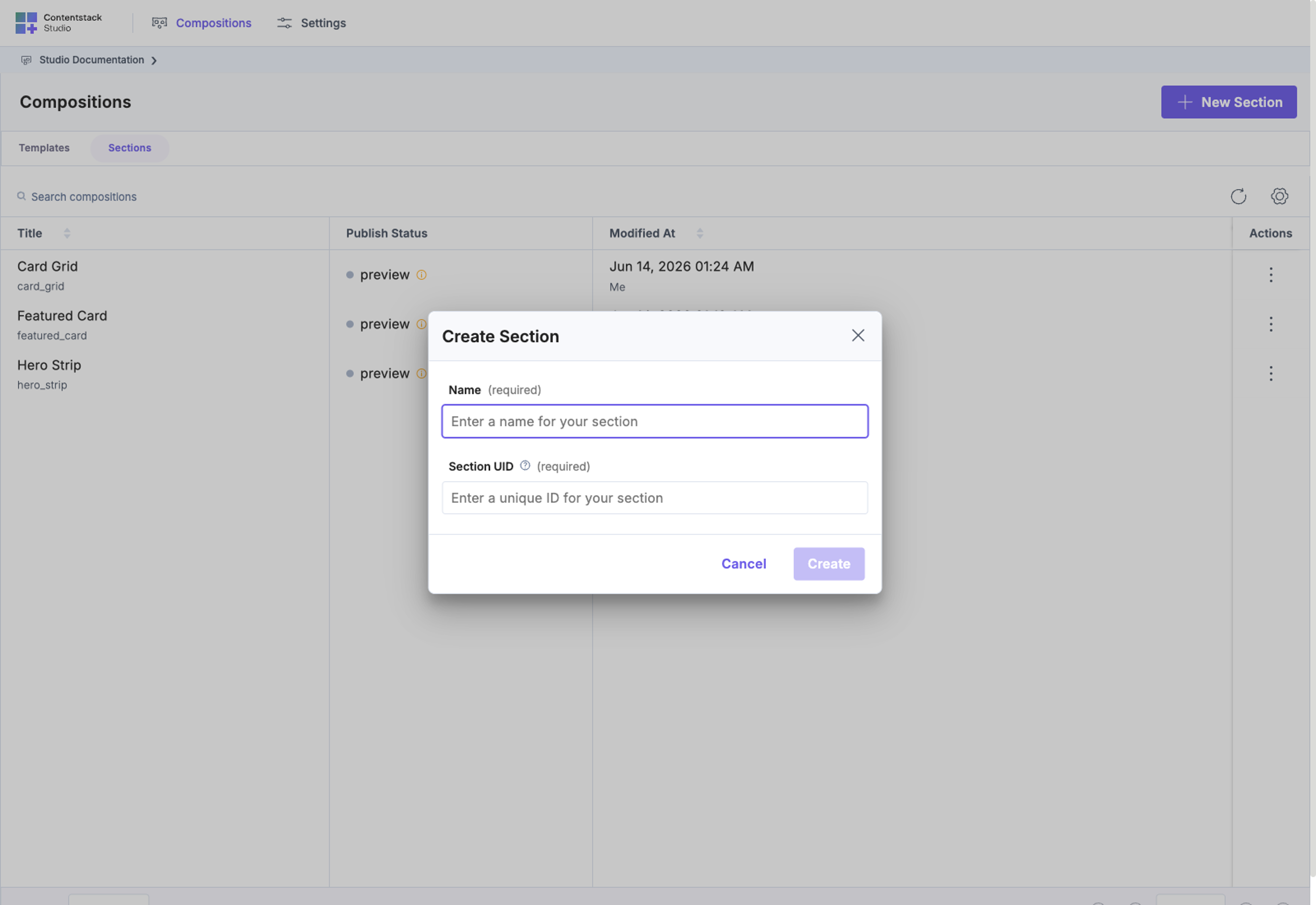 New Section modal where you name card_grid and pick its linked Global Field schema