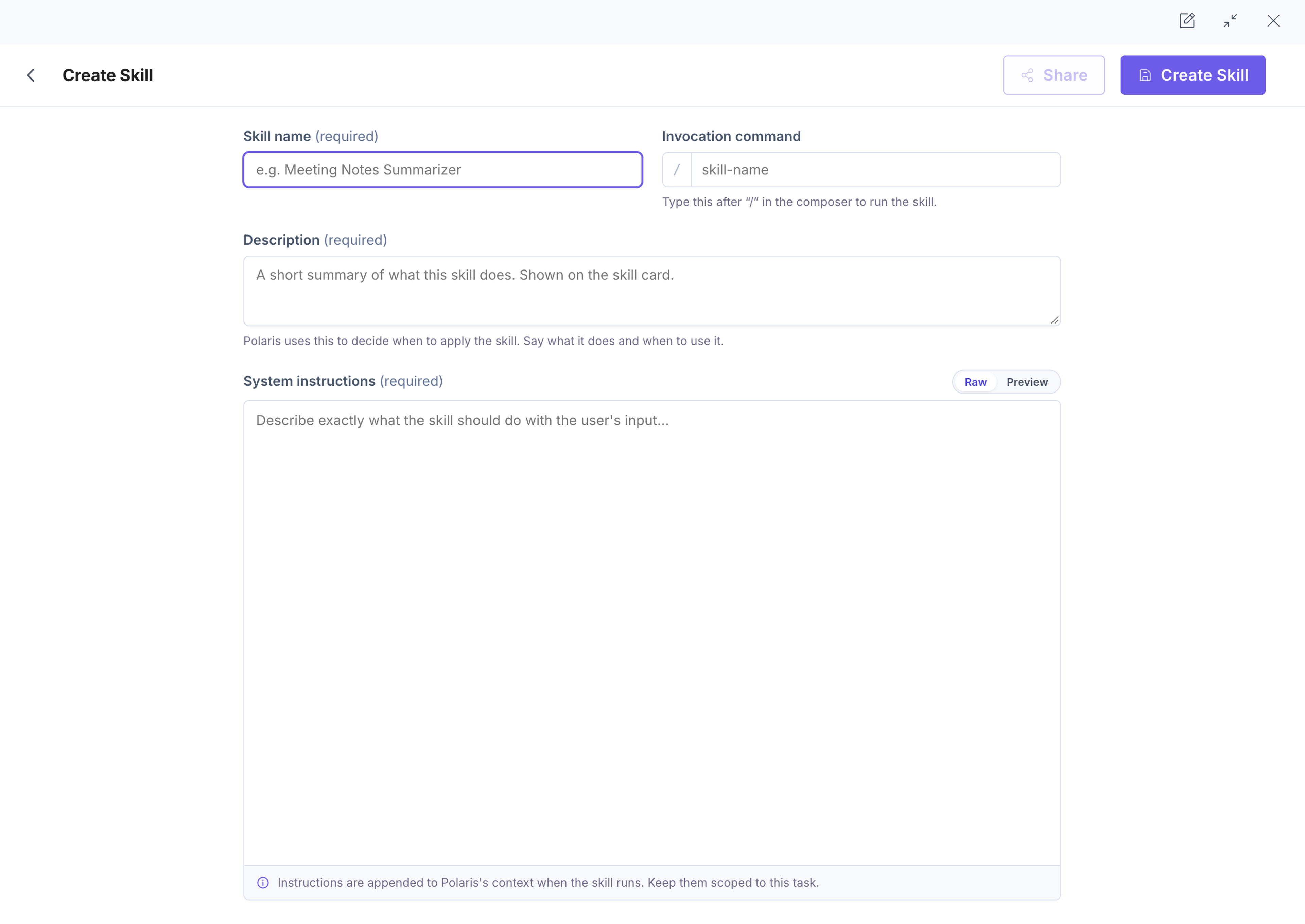 The Create Skill form showing Skill name, Invocation command, Description, and System instructions with the Raw and Preview toggle