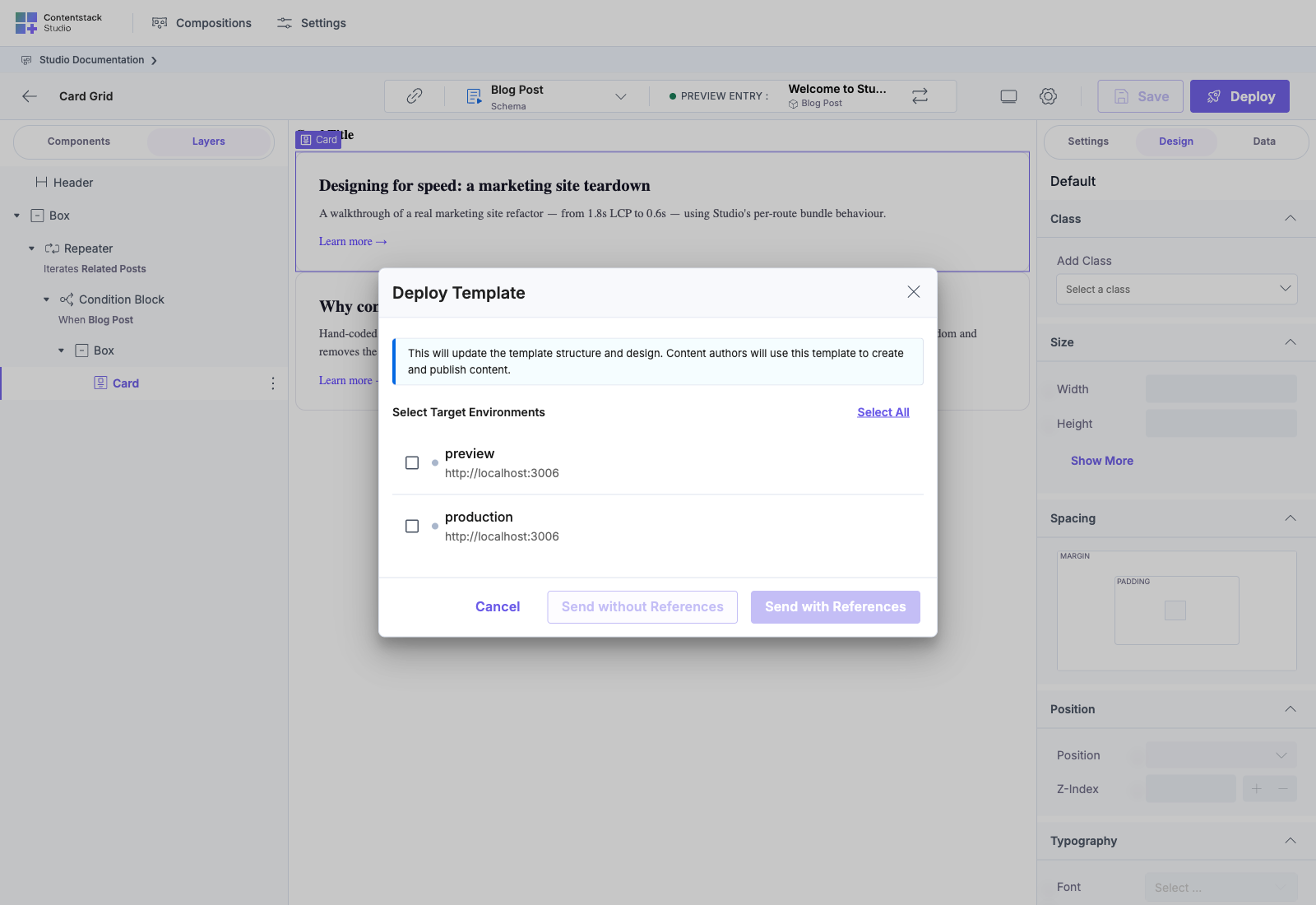 Deploy modal — target environments and Send with / without References buttons