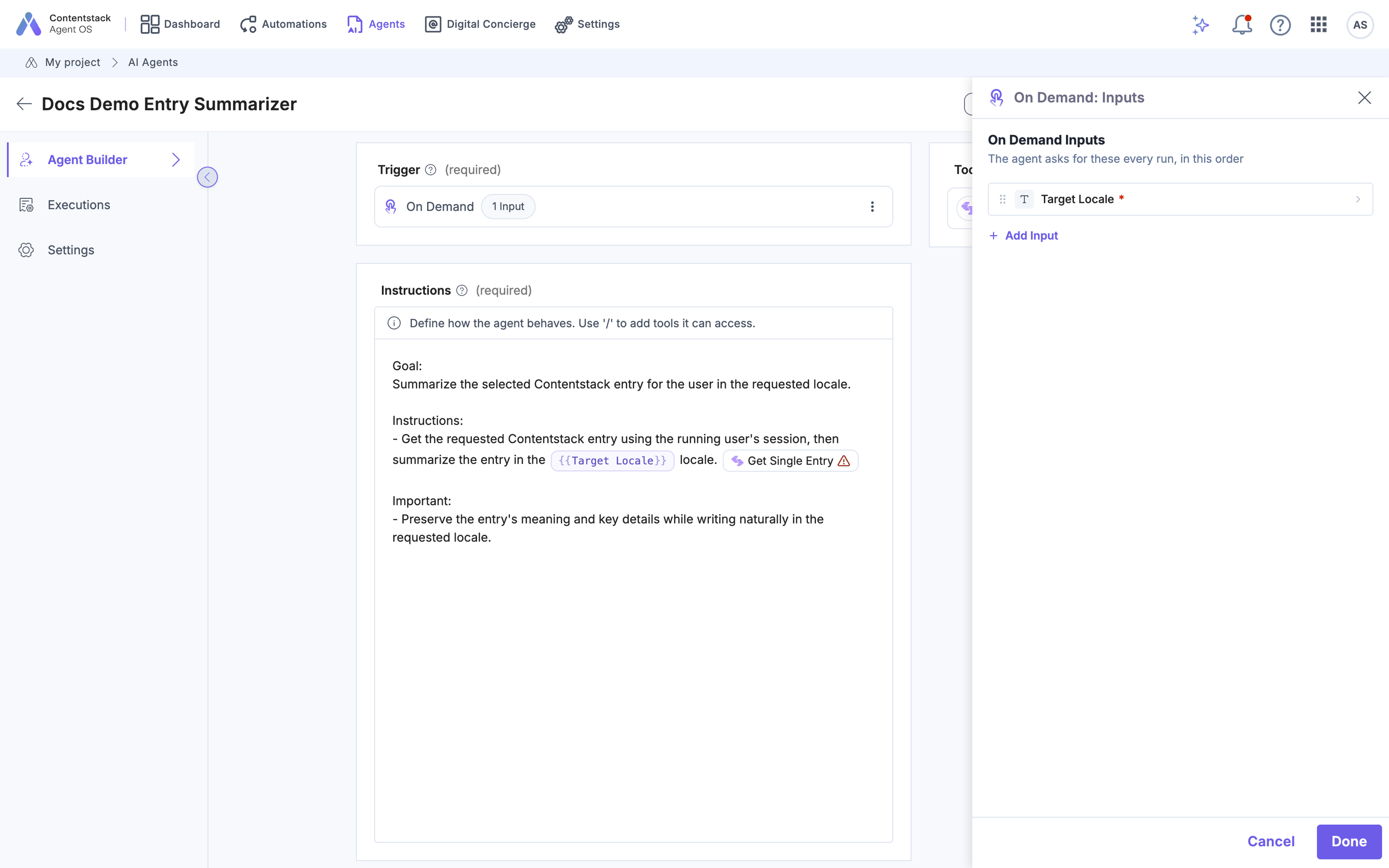 The On Demand Inputs panel with the Target Locale input