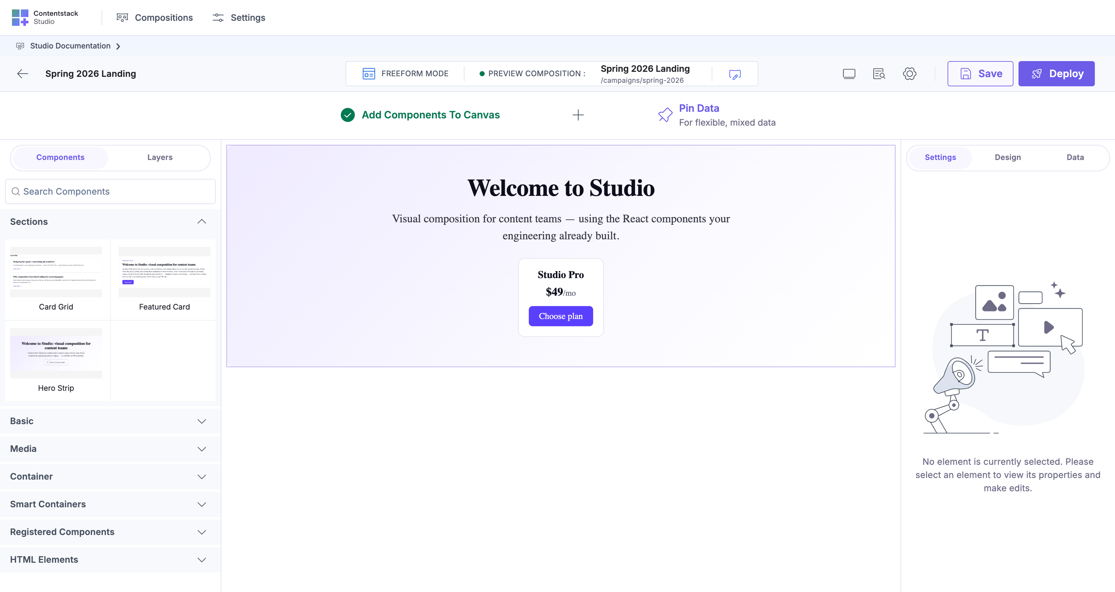 Spring 2026 Freeform landing template assembled on the canvas, hero bound to the pinned entry and product grid bound to the pinned query