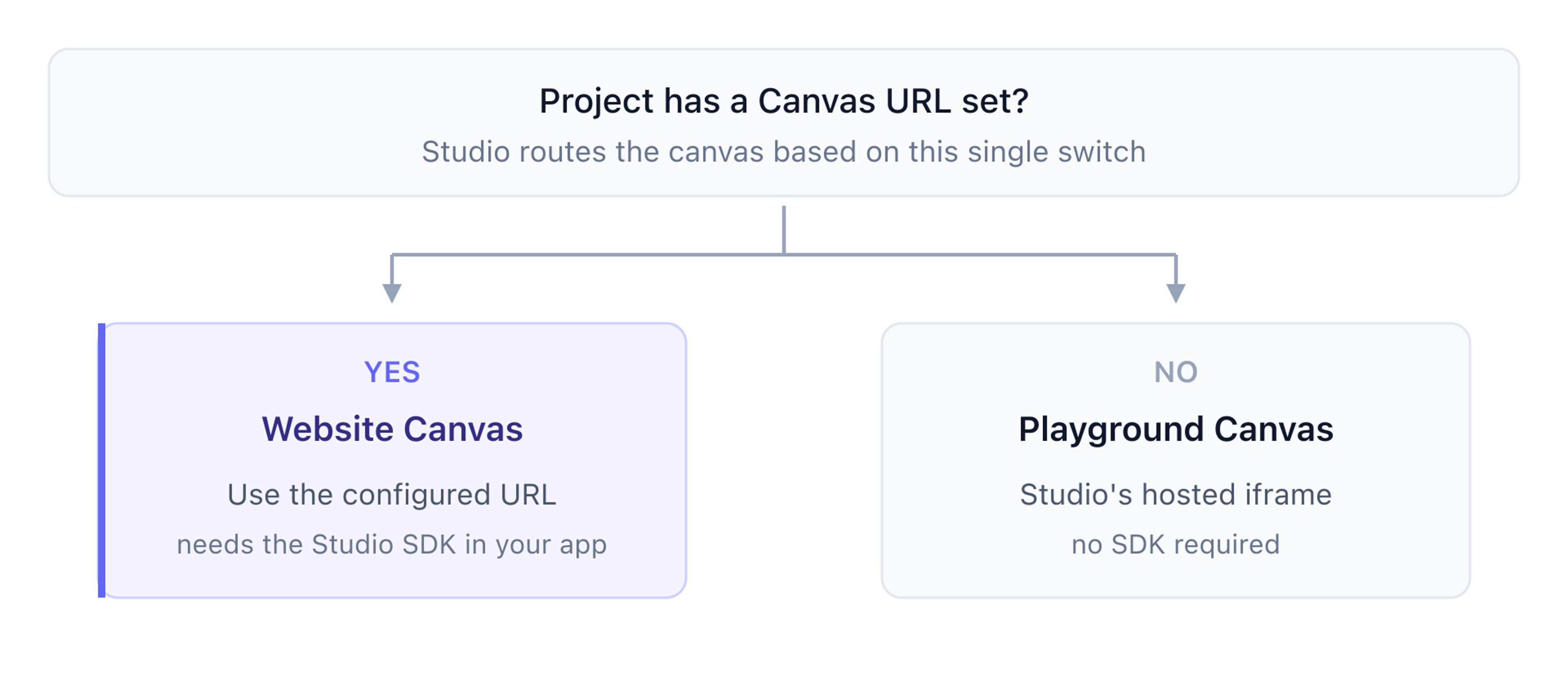 Decision — Canvas URL set: Website Canvas (needs the Studio SDK); not set: Playground Canvas (Studio's hosted iframe, no SDK required)