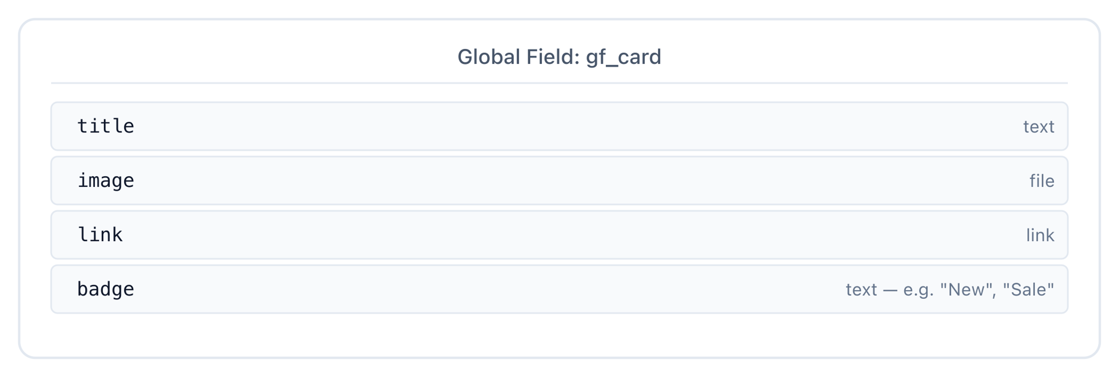 gf_card Global Field schema — title text, image file, link, and badge text.